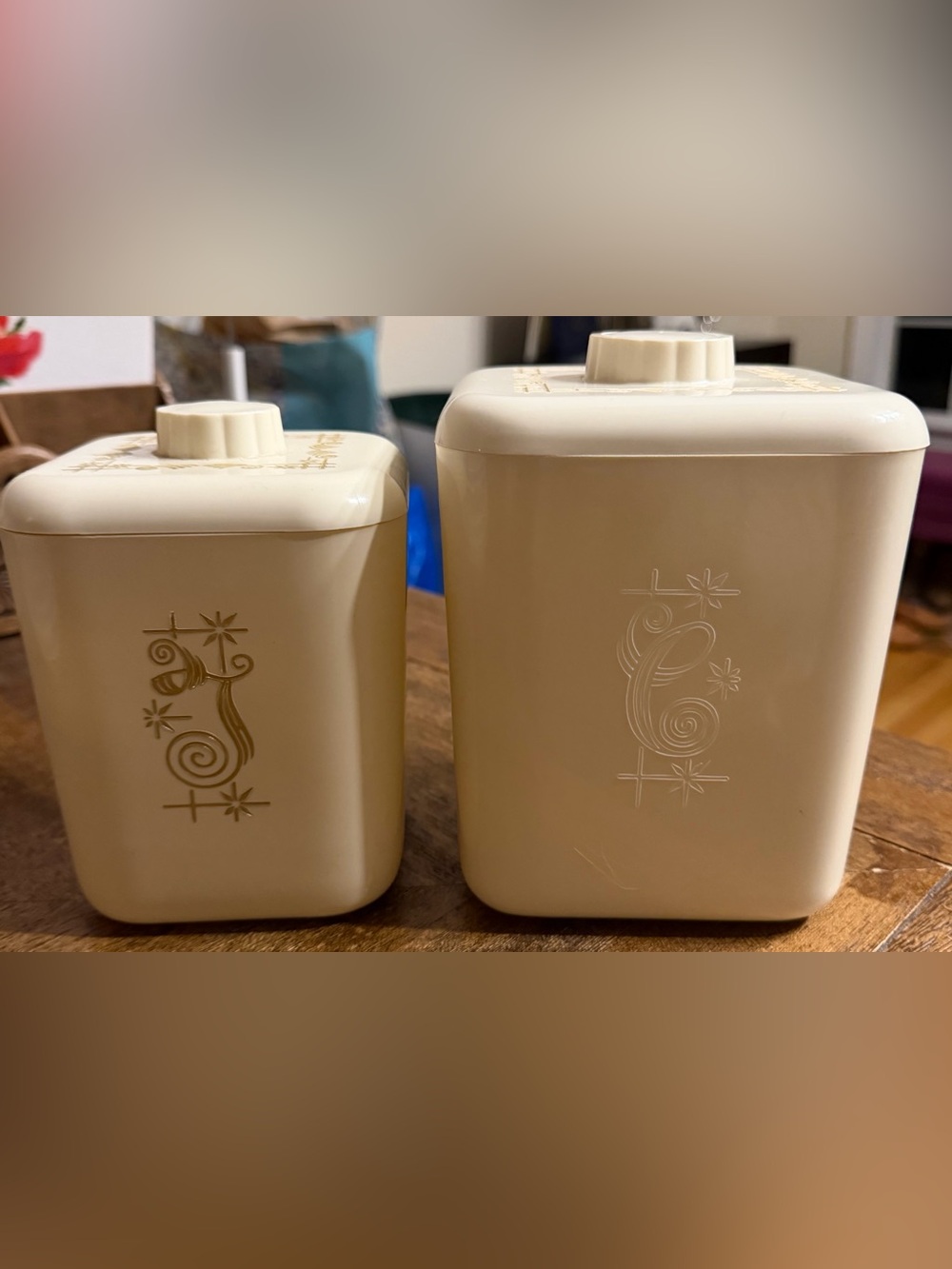 Vintage Set of 2 1950s Lustro-Ware Nested Plastic Canisters, Ivory & Gold